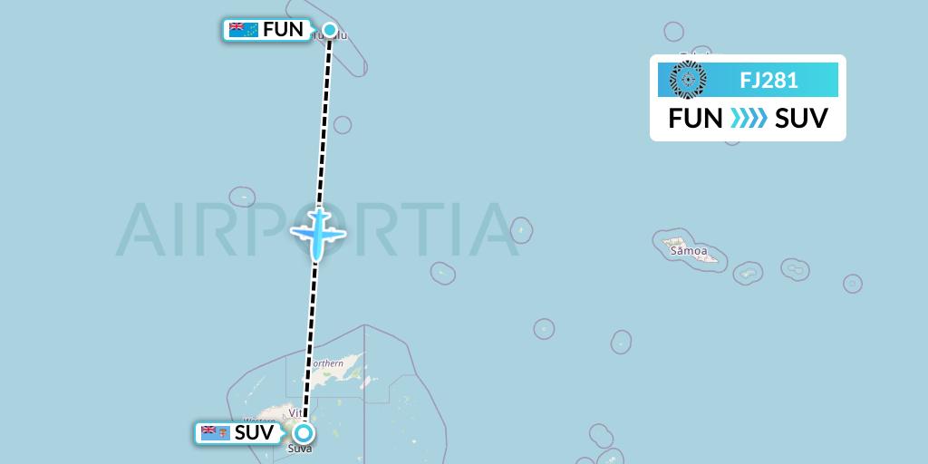 FJ281 Fiji Airways Flight Map: Funafuti to Suva