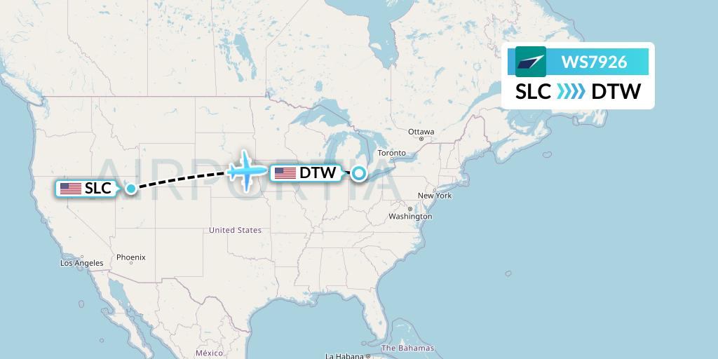 WS7926 WestJet Flight Map: Salt Lake City to Detroit
