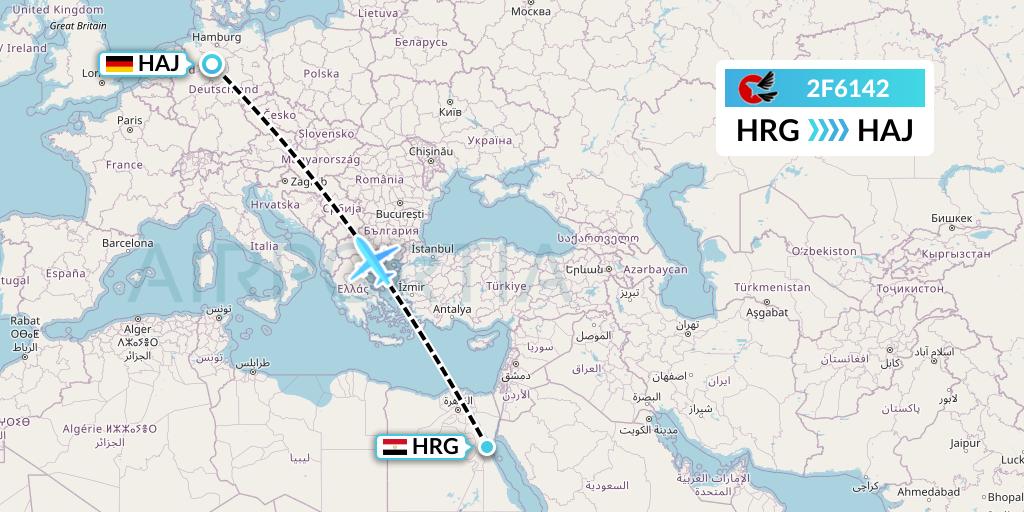 2F6142 twoFlex Taxi Aereo Flight Map: Hurghada to Hannover