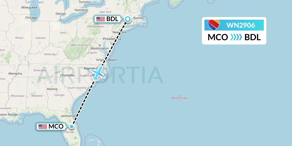 WN2906 Southwest Airlines Flight Map: Orlando to Windsor Locks