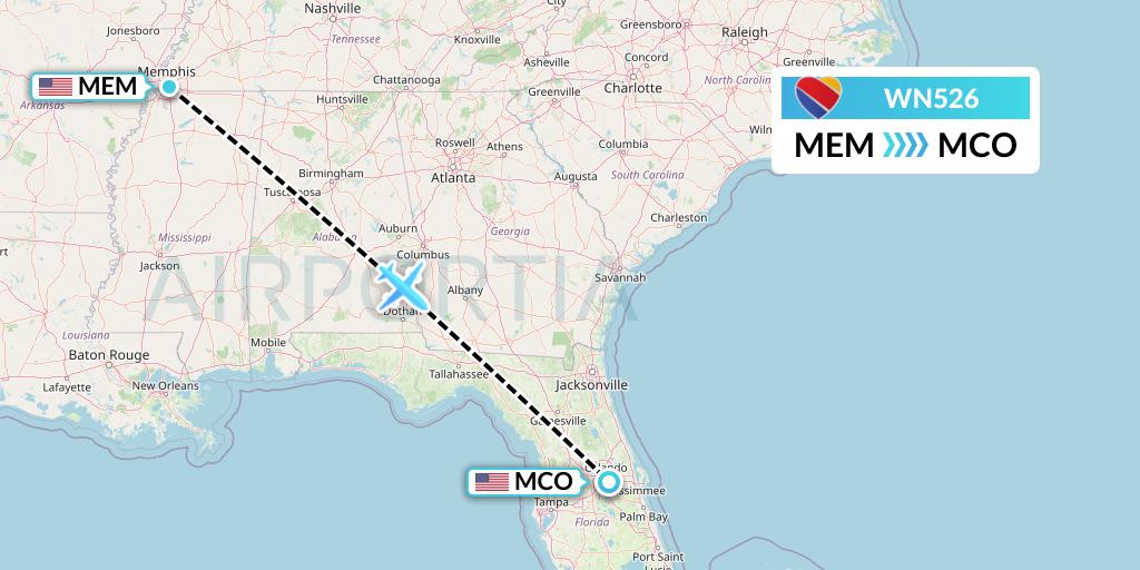 WN526 Southwest Airlines Flight Map: Memphis to Orlando