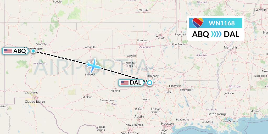 WN1168 Southwest Airlines Flight Map: Albuquerque to Dallas