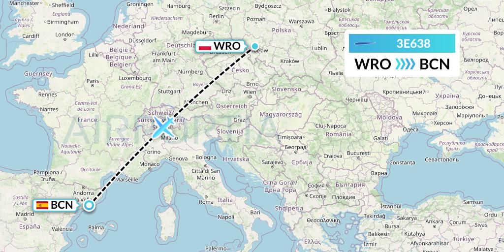 3E638 Air Choice One Flight Map: Wroclaw to Barcelona