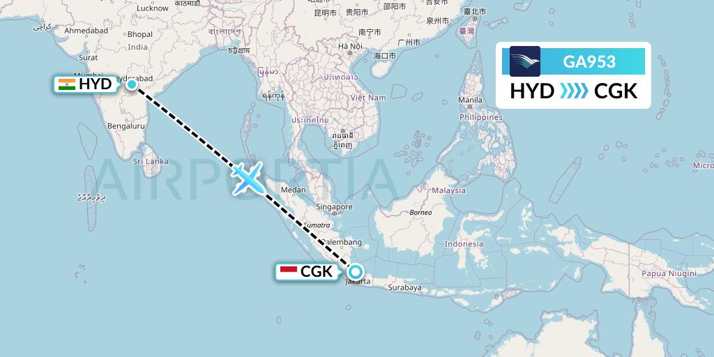 GA953 Garuda Indonesia Flight Map: Hyderabad to Jakarta