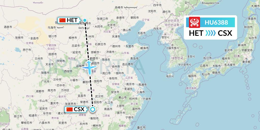 HU6388 Hainan Airlines Flight Map: Hohhot to Changsha