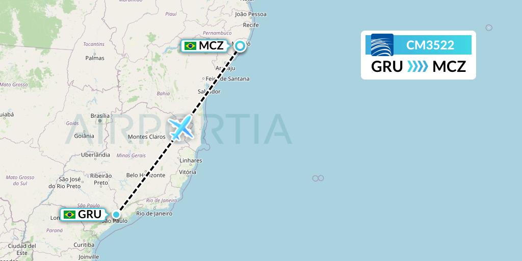 CM3522 Copa Airlines Flight Map: Sao Paulo to Maceio