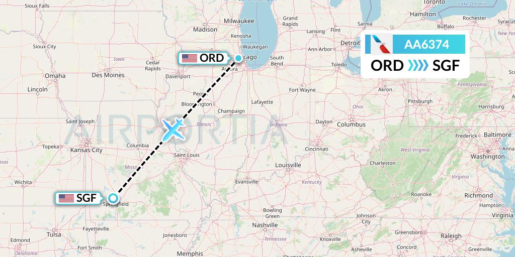 AA6374 American Airlines Flight Map: Chicago to Springfield