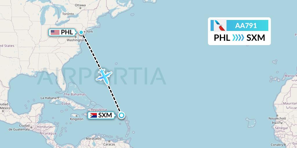 AA791 American Airlines Flight Map: Philadelphia to Sint Maarten