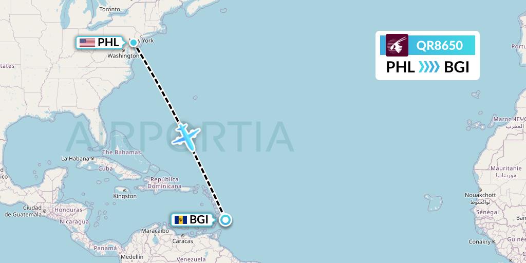 QR8650 Qatar Airways Flight Map: Philadelphia to Bridgetown