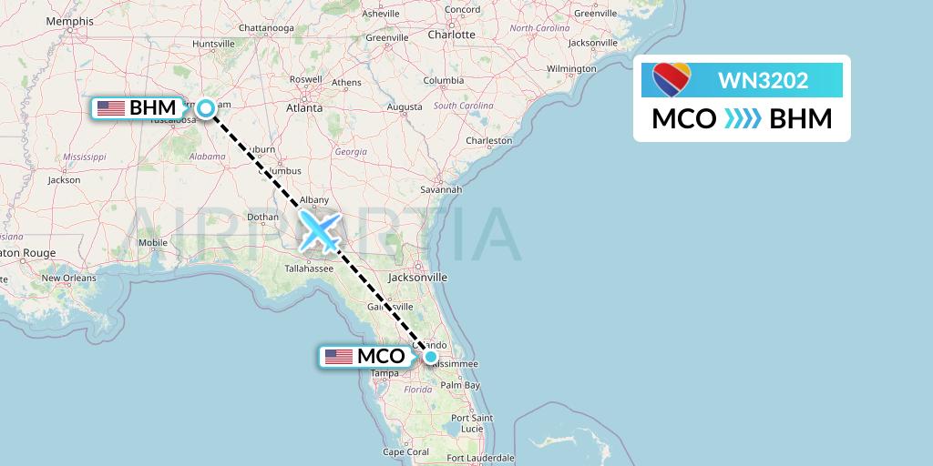 WN3202 Southwest Airlines Flight Map: Orlando to Birmingham