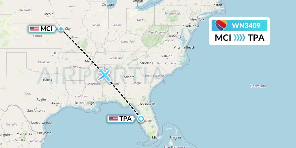 WN3409 Southwest Airlines Flight Map: Kansas City to Tampa