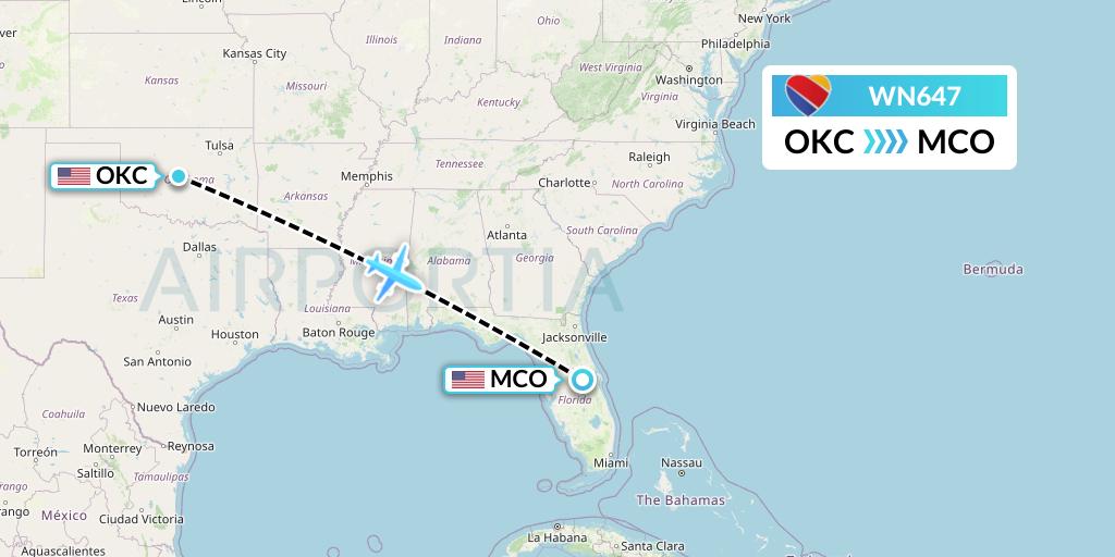WN647 Southwest Airlines Flight Map: Oklahoma City to Orlando