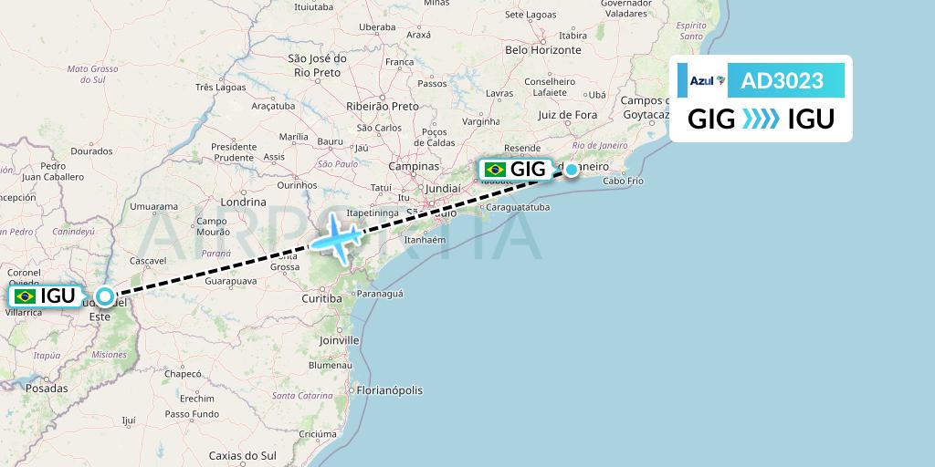 AD3023 Azul Brazilian Airlines Flight Map: Rio de Janeiro to Foz do Iguacu