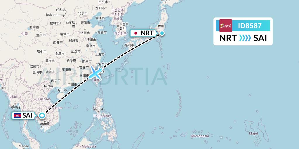 ID8587 Batik Air Flight Map: Tokyo to Siem Reap