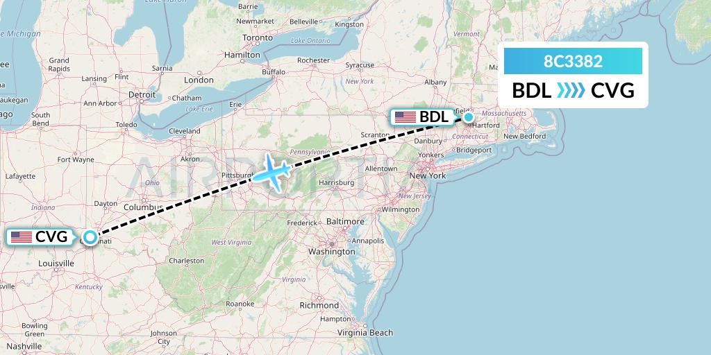 8C3382 Air Transport International Flight Map: Windsor Locks to Cincinnati
