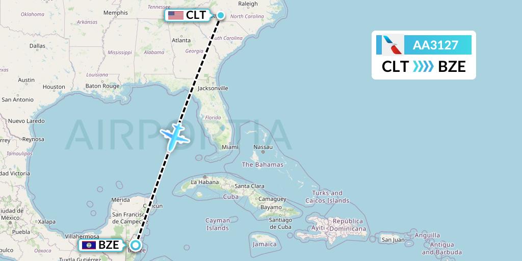 AA3127 American Airlines Flight Map: Charlotte to Belize City