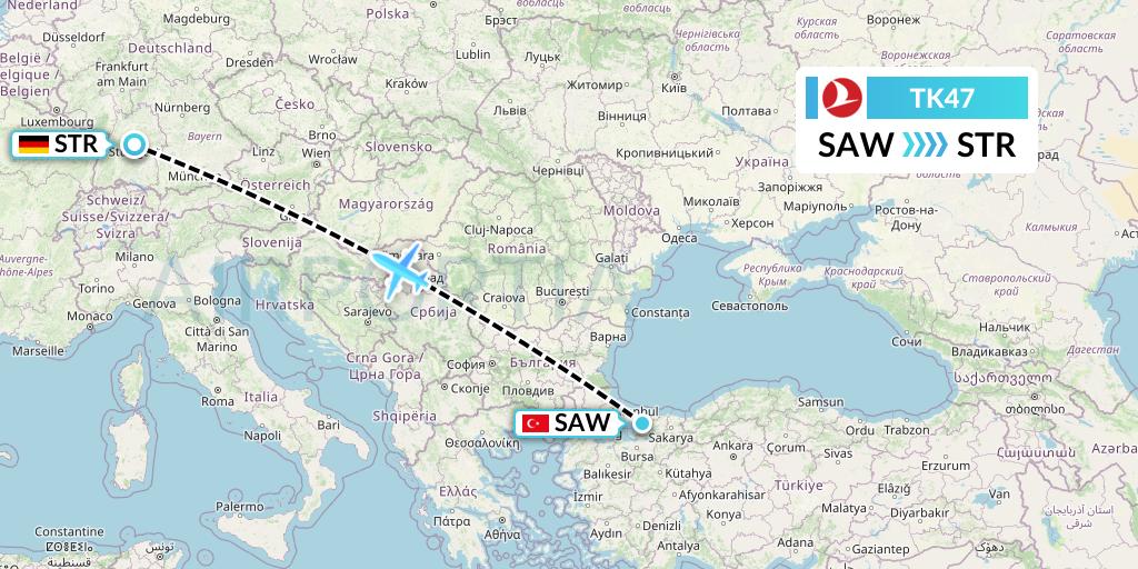TK47 Turkish Airlines Flight Map: Istanbul to Stuttgart