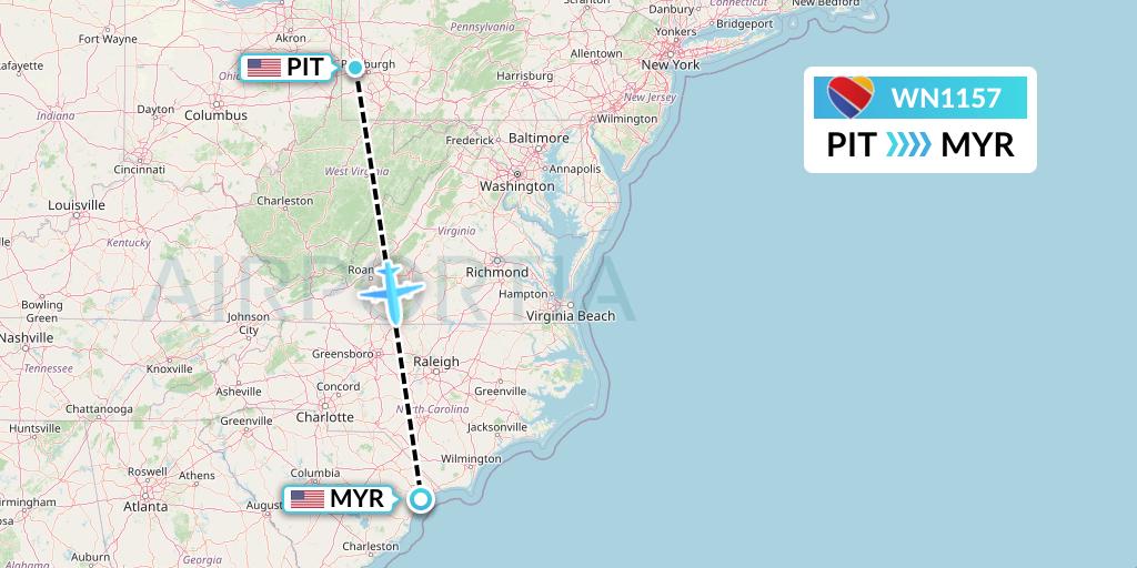 WN1157 Southwest Airlines Flight Map: Pittsburgh to Myrtle Beach
