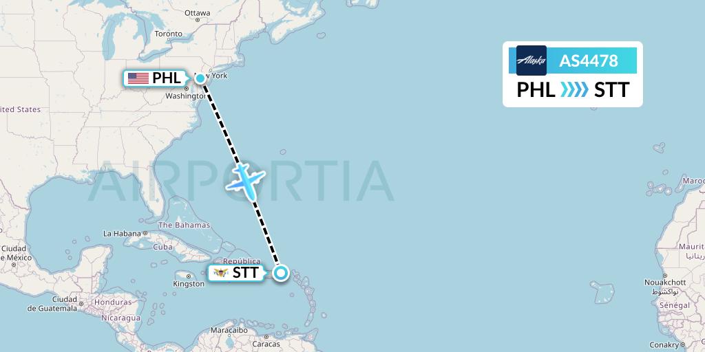 AS4478 Alaska Airlines Flight Map: Philadelphia to St. Thomas