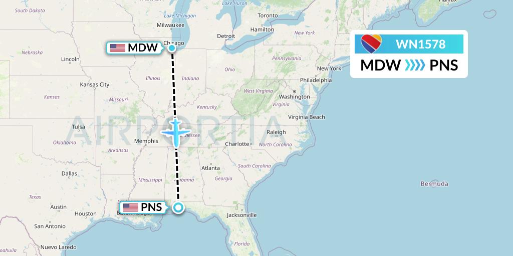WN1578 Southwest Airlines Flight Map: Chicago to Pensacola