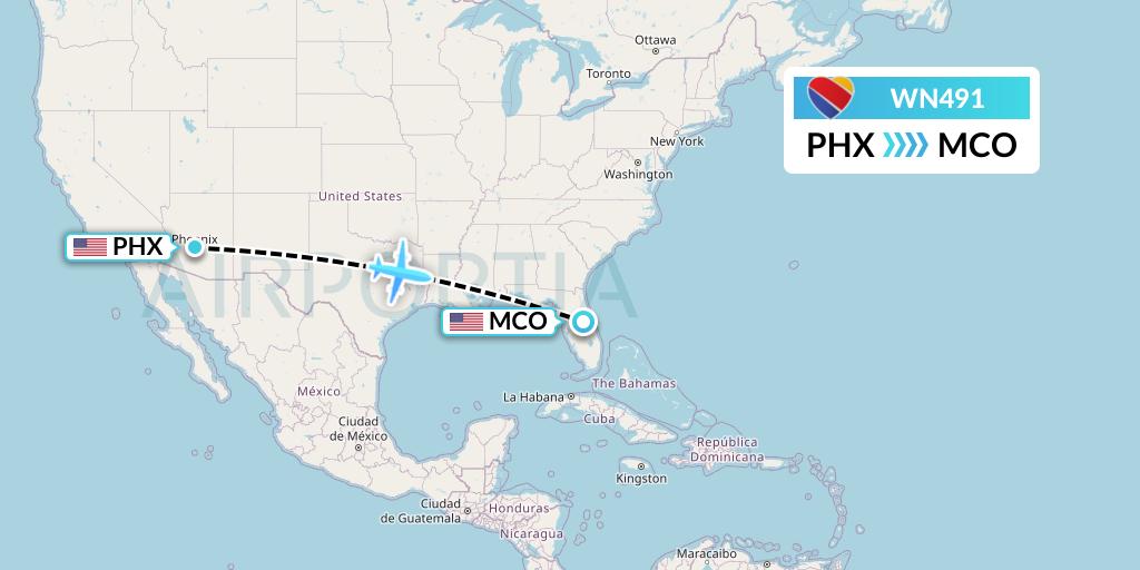 WN491 Southwest Airlines Flight Map: Phoenix to Orlando