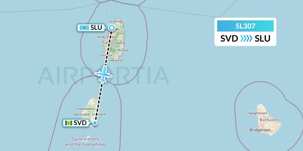 5L307 Fly Salone Airlines Limited Flight Map: Kingstown to Castries