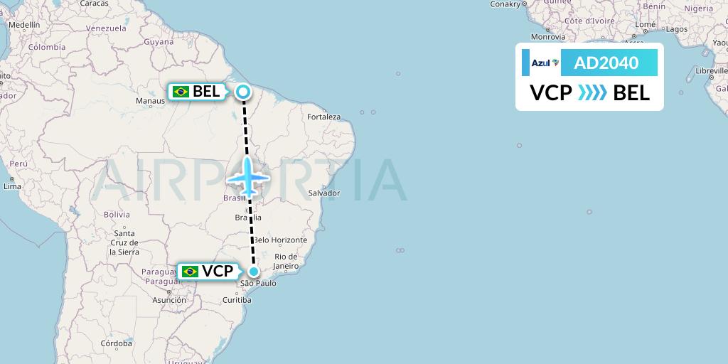 AD2040 Azul Brazilian Airlines Flight Map: Campinas to Belem