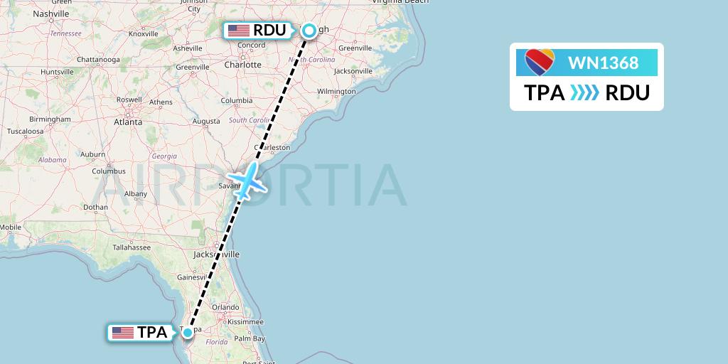 WN1368 Southwest Airlines Flight Map: Tampa to Raleigh-Durham