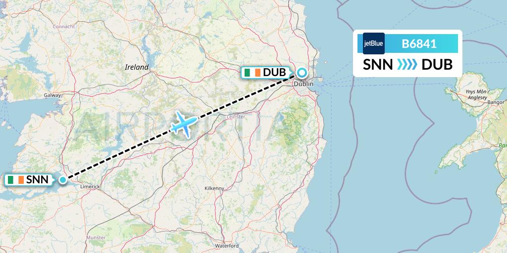 B6841 JetBlue Airways Flight Map: Shannon to Dublin
