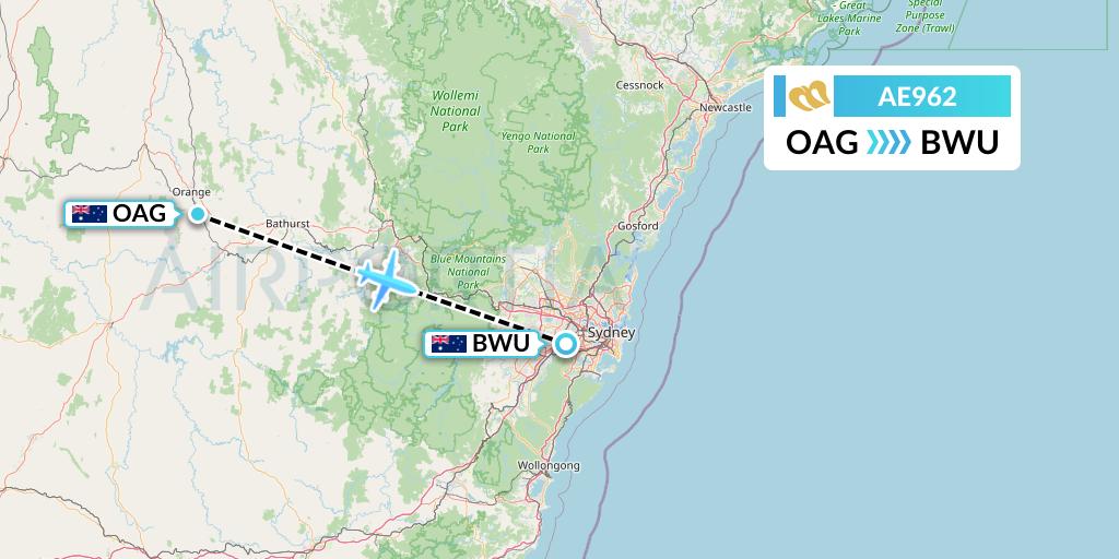 AE962 Mandarin Airlines Flight Map: Orange to Bankstown