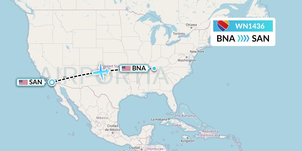 WN1436 Southwest Airlines Flight Map: Nashville to San Diego