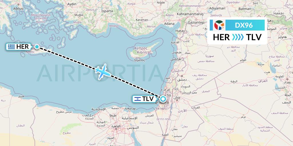 DX96 Danish Air Transport Flight Map: Heraklion to Tel Aviv