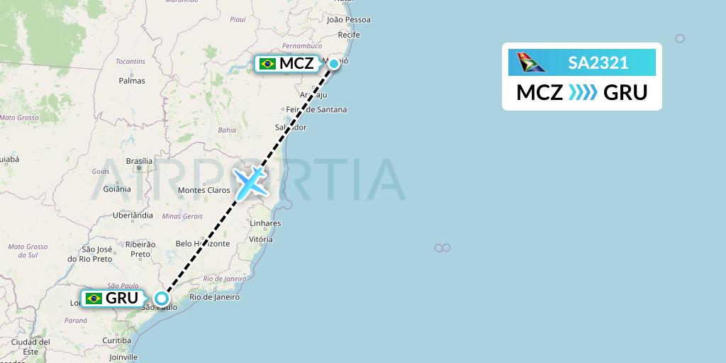 SA2321 South African Airways Flight Map: Maceio to Sao Paulo