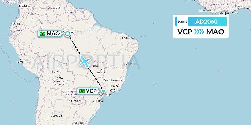 AD2060 Azul Brazilian Airlines Flight Map: Campinas to Manaus