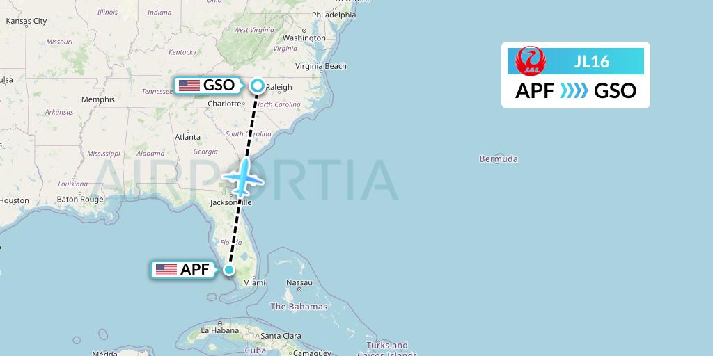 JL16 Japan Airlines Flight Map: Naples to Greensboro