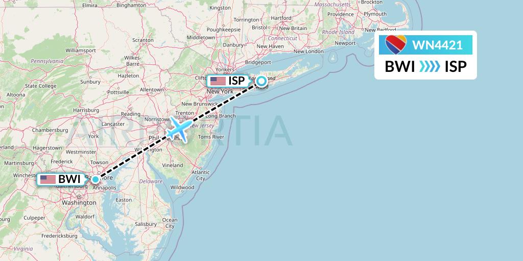 WN4421 Southwest Airlines Flight Map: Baltimore to Islip