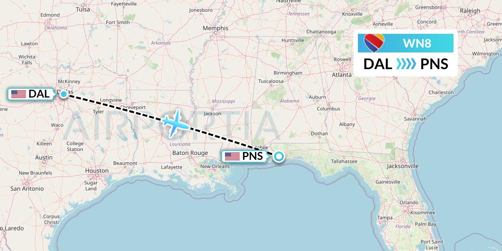 WN8 Southwest Airlines Flight Map: Dallas to Pensacola