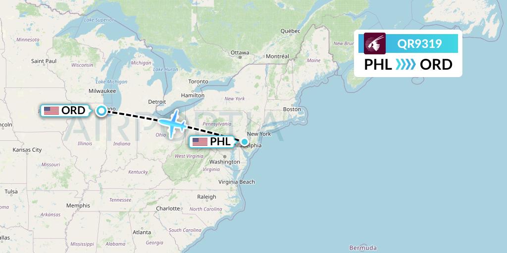 QR9319 Qatar Airways Flight Map: Philadelphia to Chicago