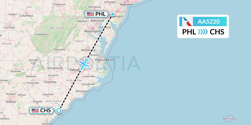AA5220 American Airlines Flight Map: Philadelphia to Charleston