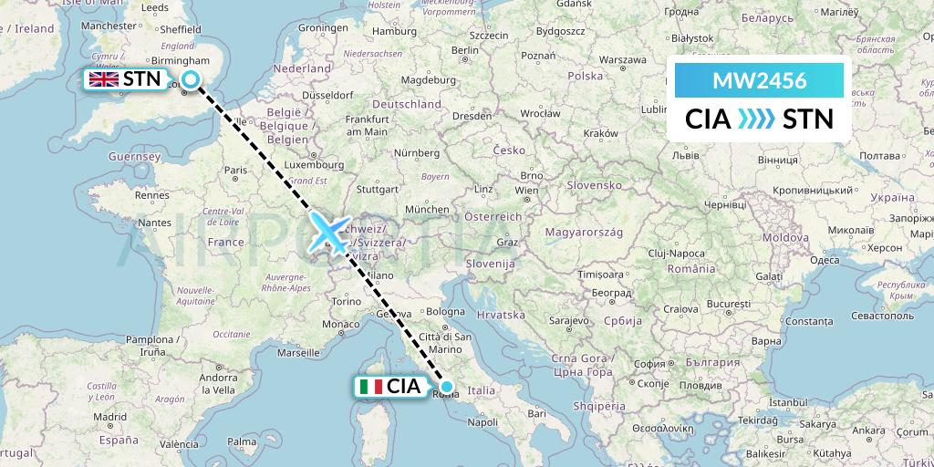 MW2456 Mokulele Flight Service Flight Map: Rome to London