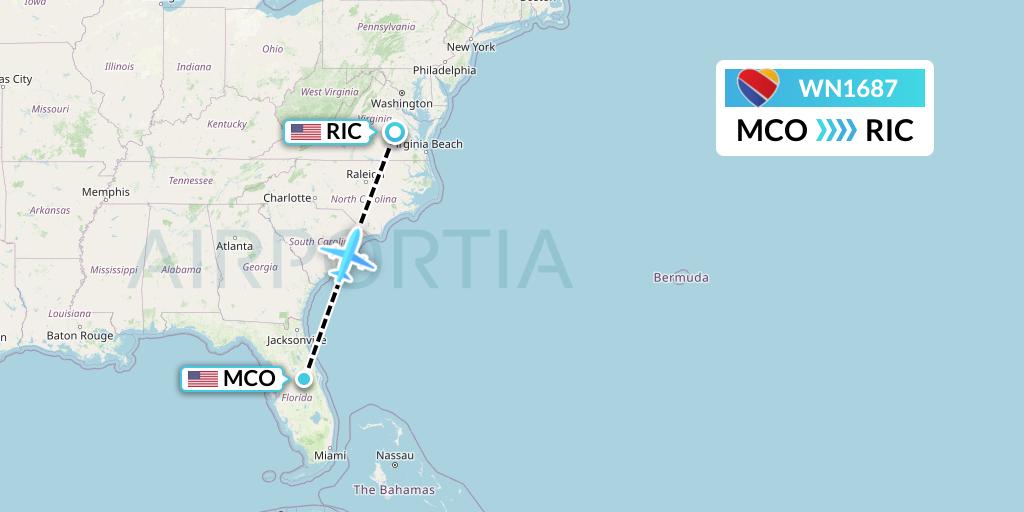 WN1687 Southwest Airlines Flight Map: Orlando to Richmond