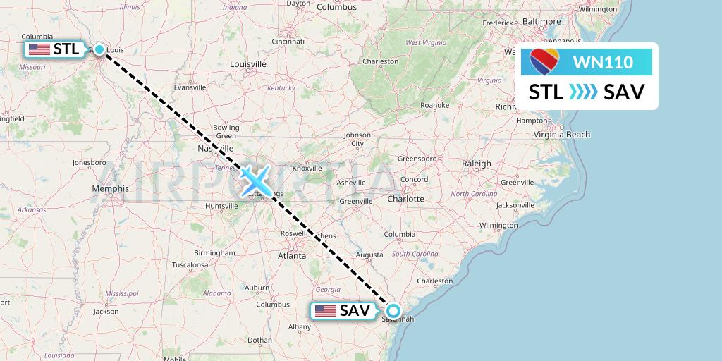 WN110 Southwest Airlines Flight Map: St. Louis to Savannah