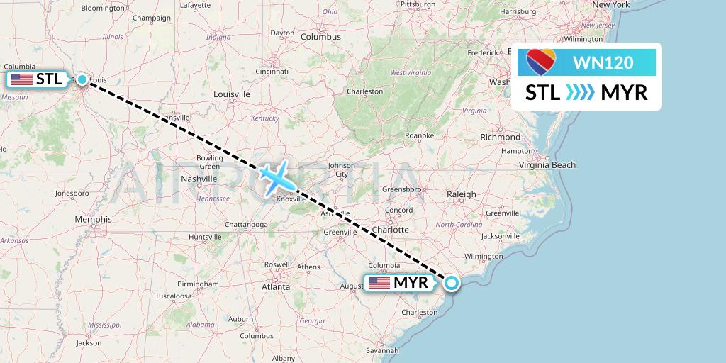 WN120 Southwest Airlines Flight Map: St. Louis to Myrtle Beach