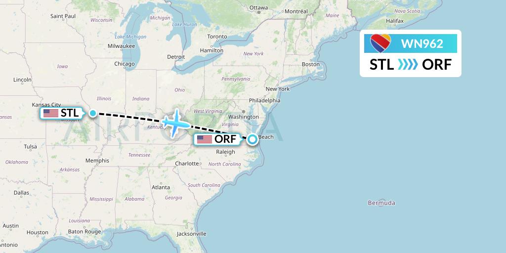 WN962 Southwest Airlines Flight Map: St. Louis to Norfolk