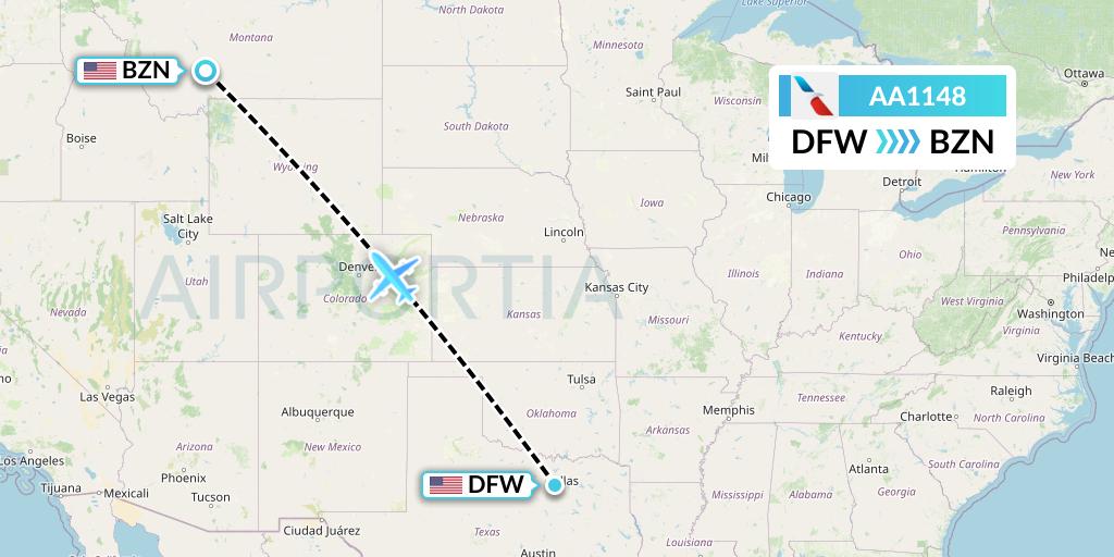 AA1148 American Airlines Flight Map: Dallas to Bozeman