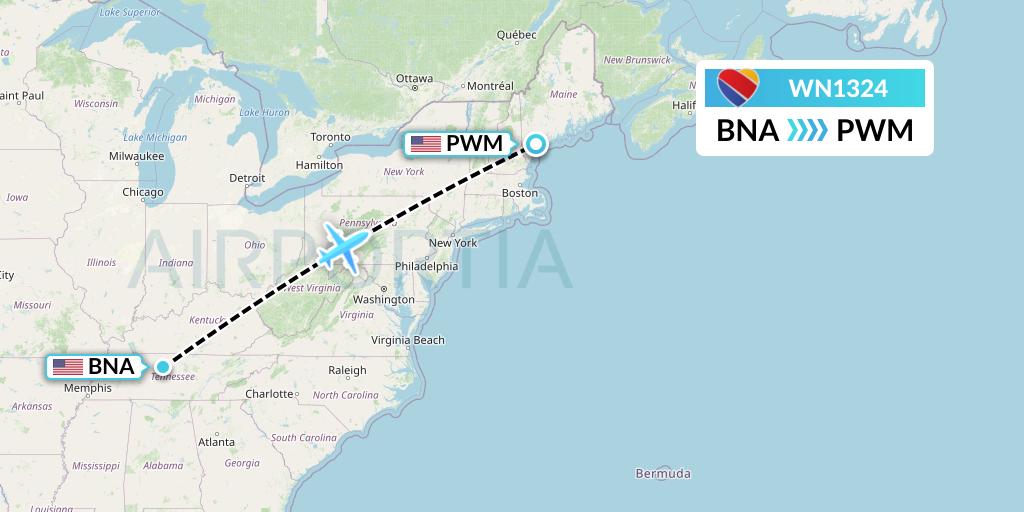 WN1324 Southwest Airlines Flight Map: Nashville to Portland
