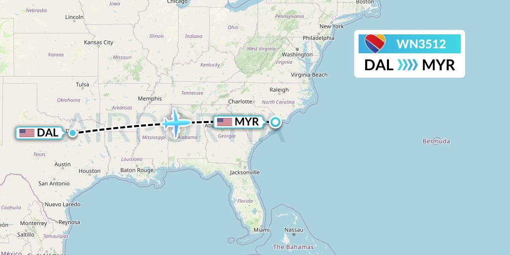 WN3512 Southwest Airlines Flight Map: Dallas to Myrtle Beach