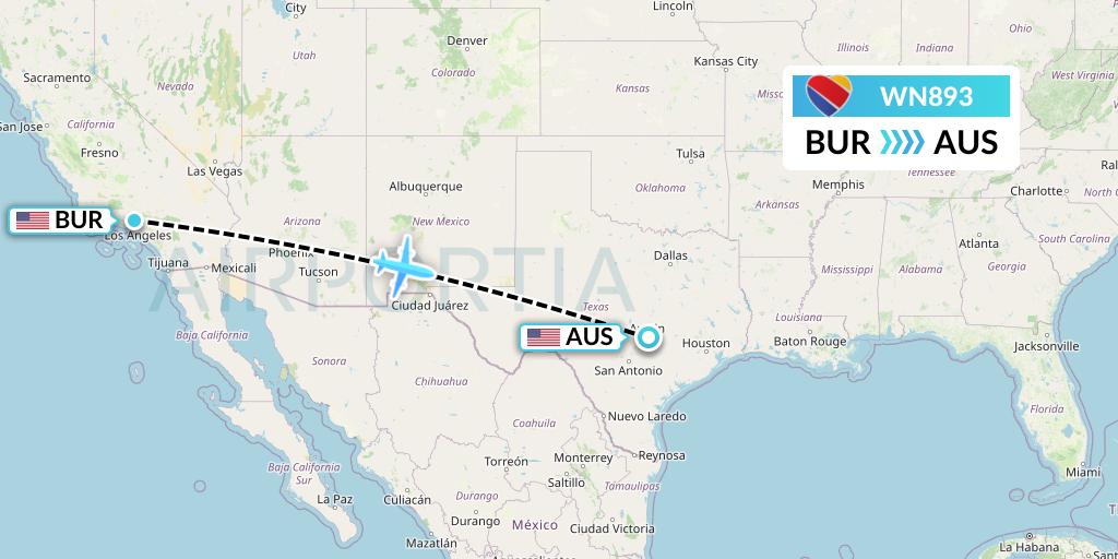 WN893 Southwest Airlines Flight Map: Burbank to Austin