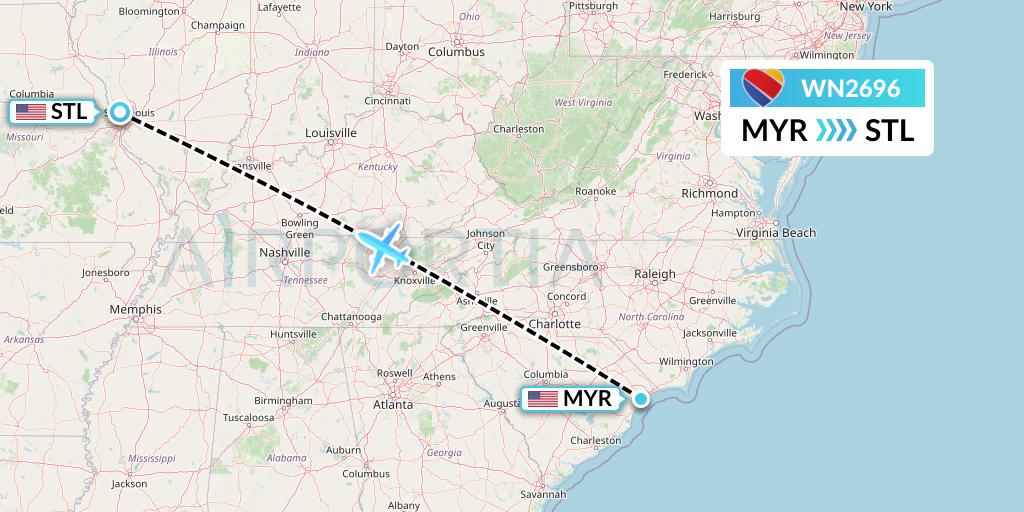 WN2696 Southwest Airlines Flight Map: Myrtle Beach to St. Louis