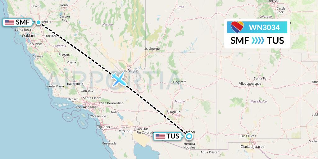 WN3034 Southwest Airlines Flight Map: Sacramento to Tucson
